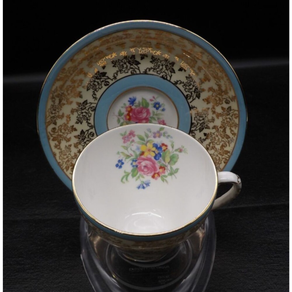 Vtg Royal Grafton Teacup Saucer Sky Blue Gold Floral Chintz Bouquet Bone China